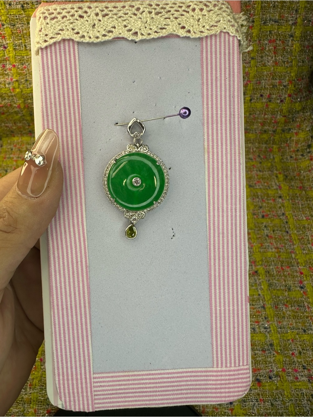 Ice seed green jade marrow peace buckle pendant Silver Accents